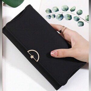 SHEIN Black Quilted Zip Around Wallet with Gold Accent